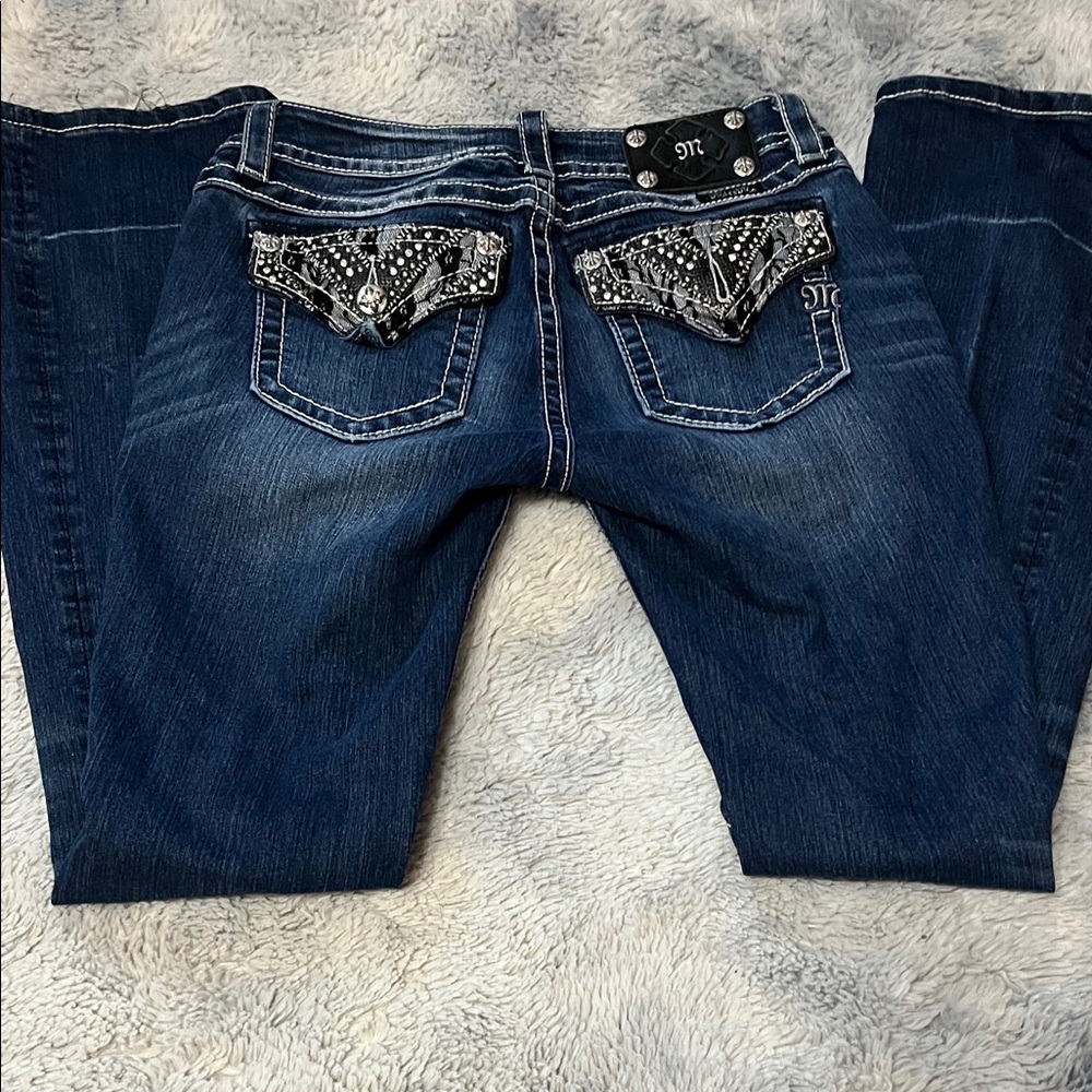 Miss Me Dark Blue Boot Cut Jeans with Embellished Pockets